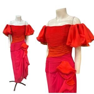 Vintage Lillie Rubin Off Shoulder Evening Gown Red Pink Ruched Chiffon / Size 8